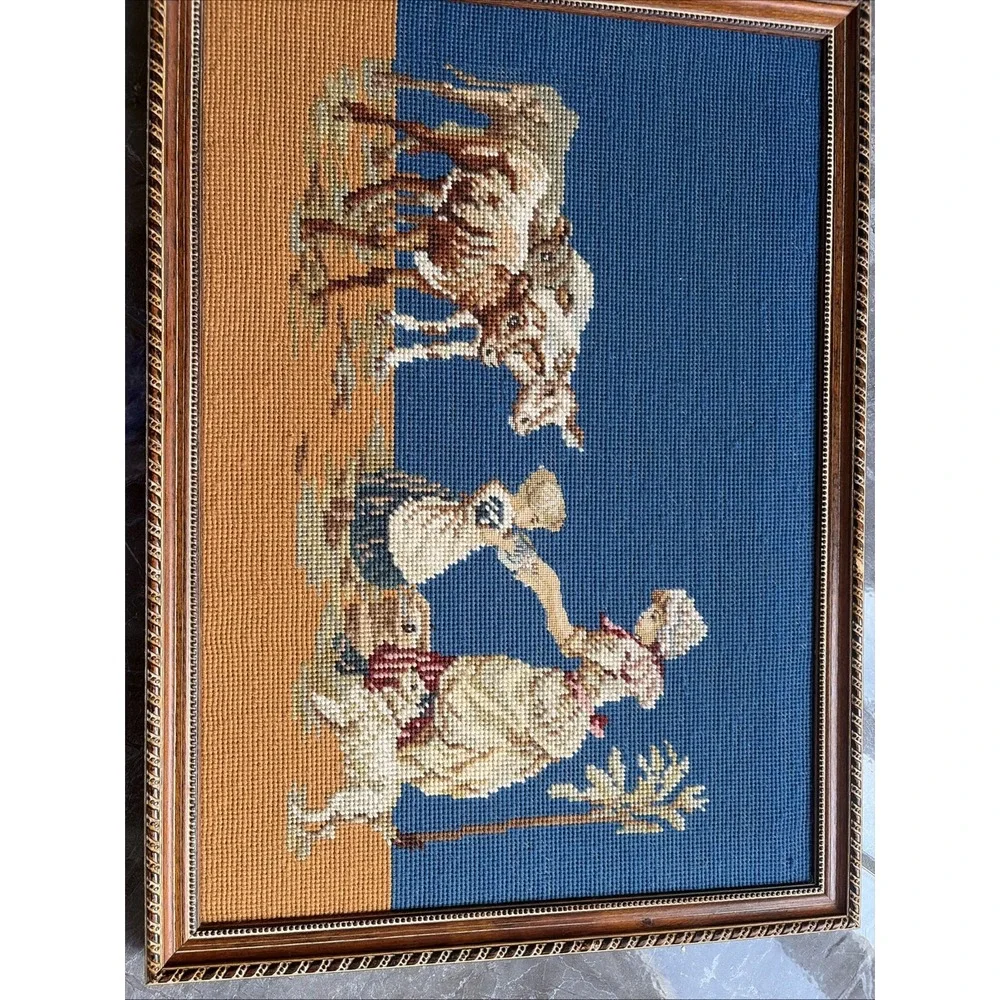 Vintage Framed‎ Hand Stitched Needlepoint Tapestry Art Rural Farm Scene Large